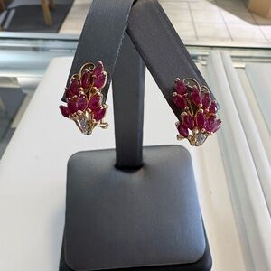 Vintage 14k Yellow Gold Natural Marquise Ruby and Diamond Lever back Earrings